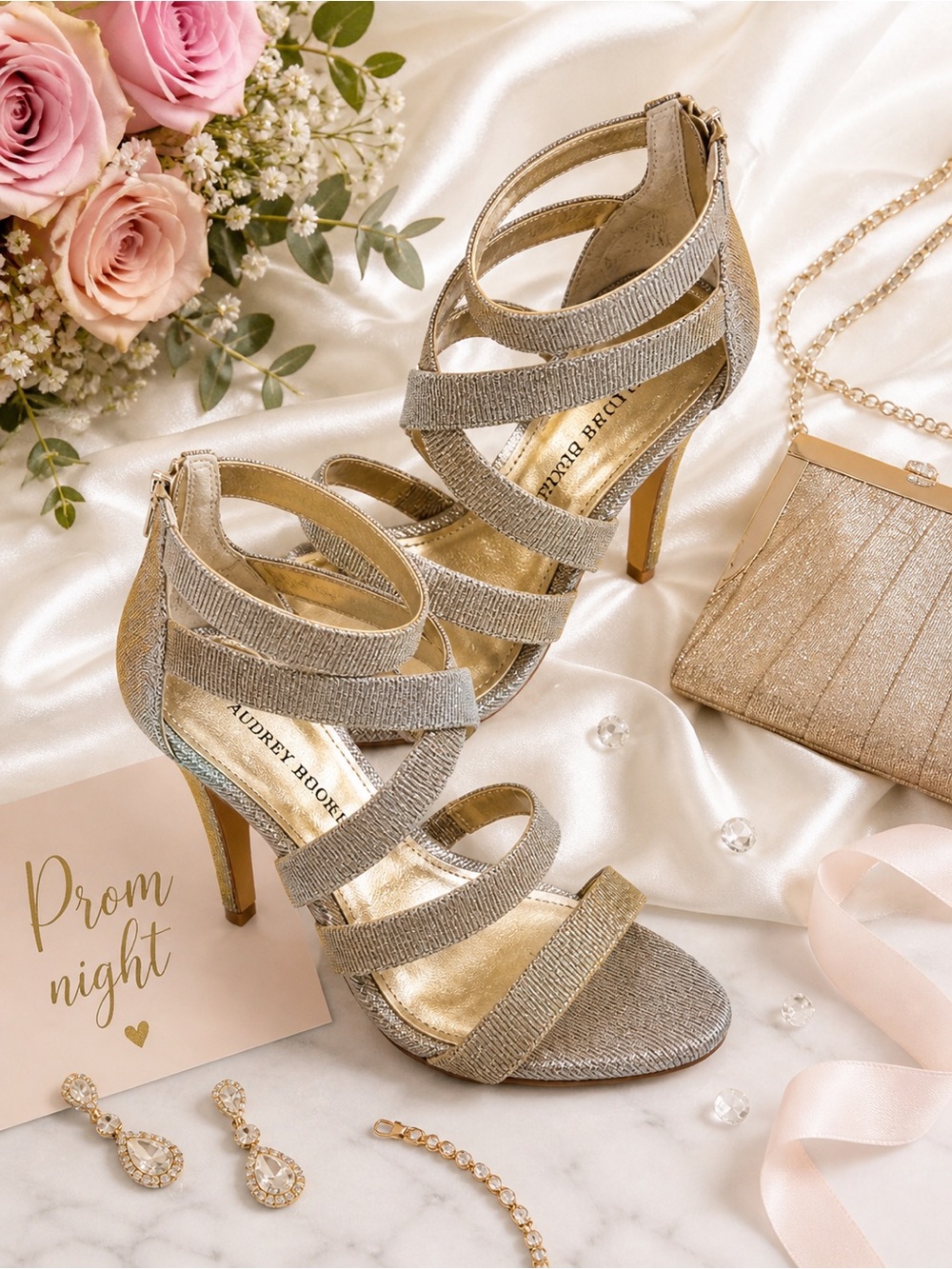 Audrey Brooke Gold Metallic Strappy Heels Size 8.5 Sparkly Evening Sandals